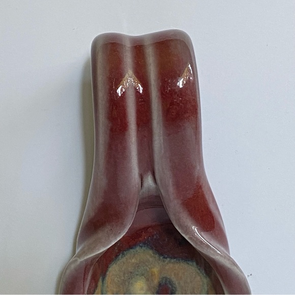 Pottery Spoon Rest Hand Made Glazed Beige red Signed 9” long Kitchen Cooking - Picture 4 of 16